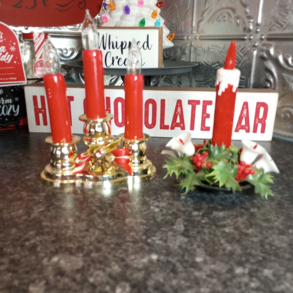 MCM Christmas Candelabra Lights Battery Operated Kitschy Red Velvet Holly Holder